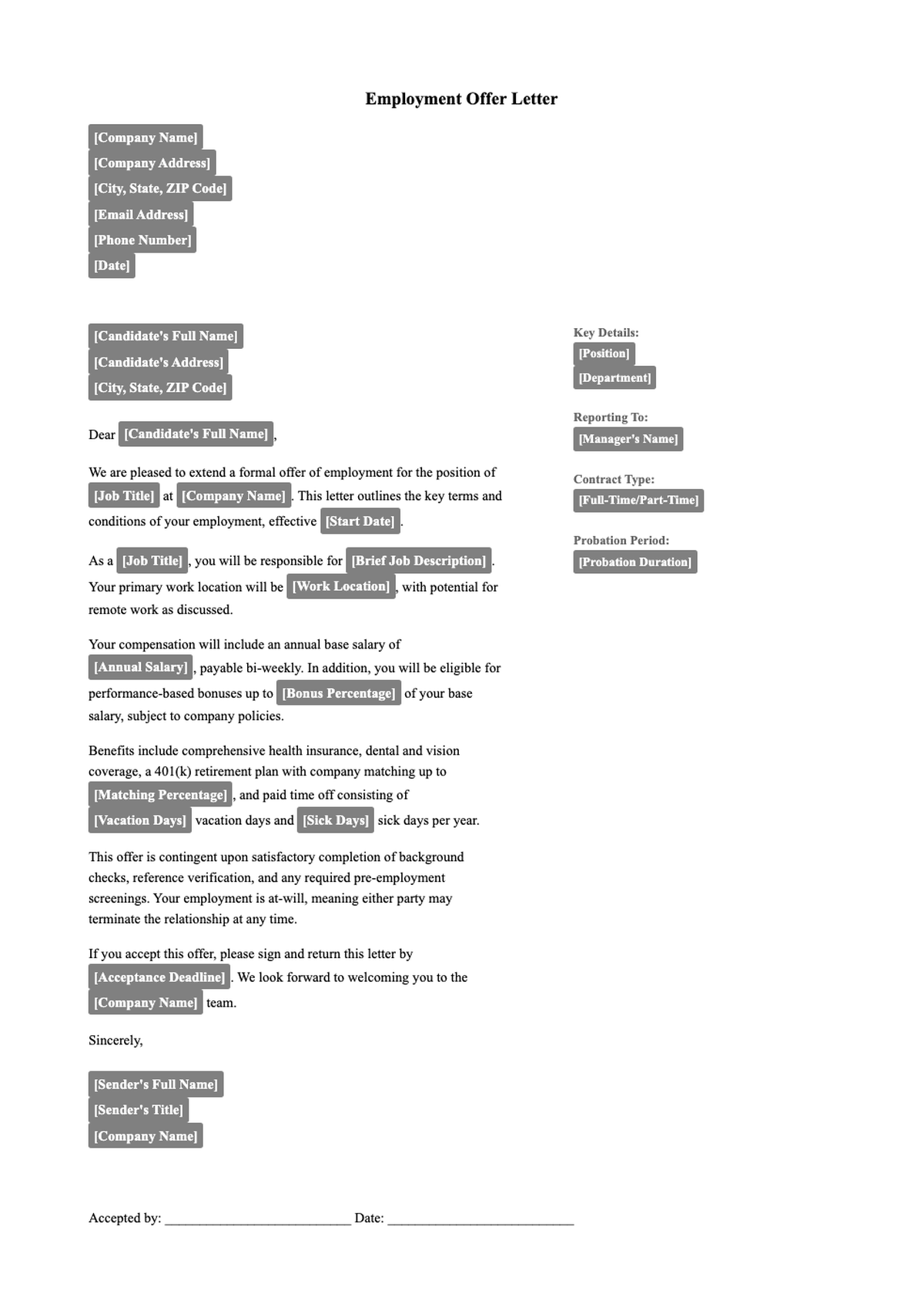 Formal employment offer withdrawal letter template with placeholders_variant_1